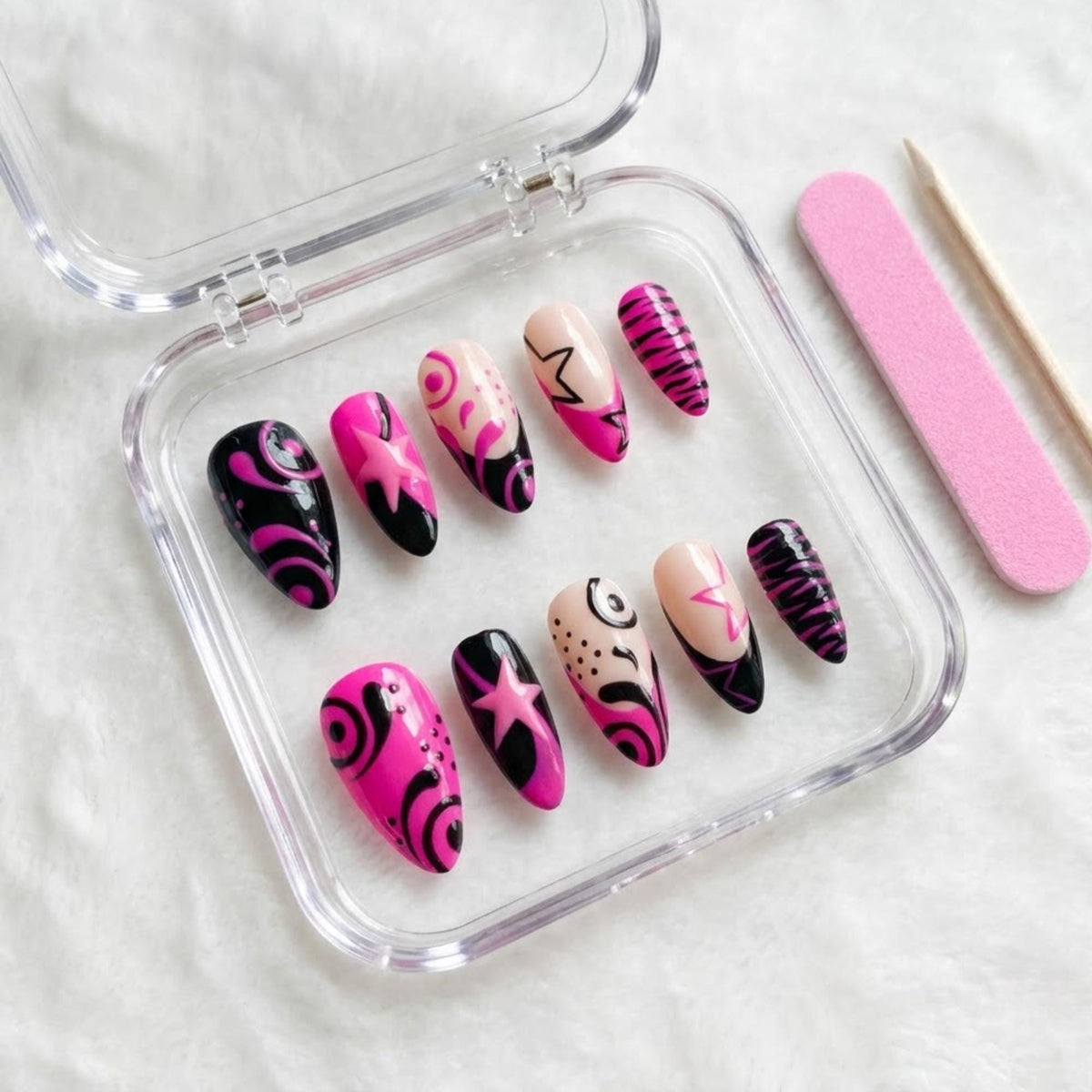 Y2K Hot Pink and Black Mismatched Star and Swirl Press-On Nails