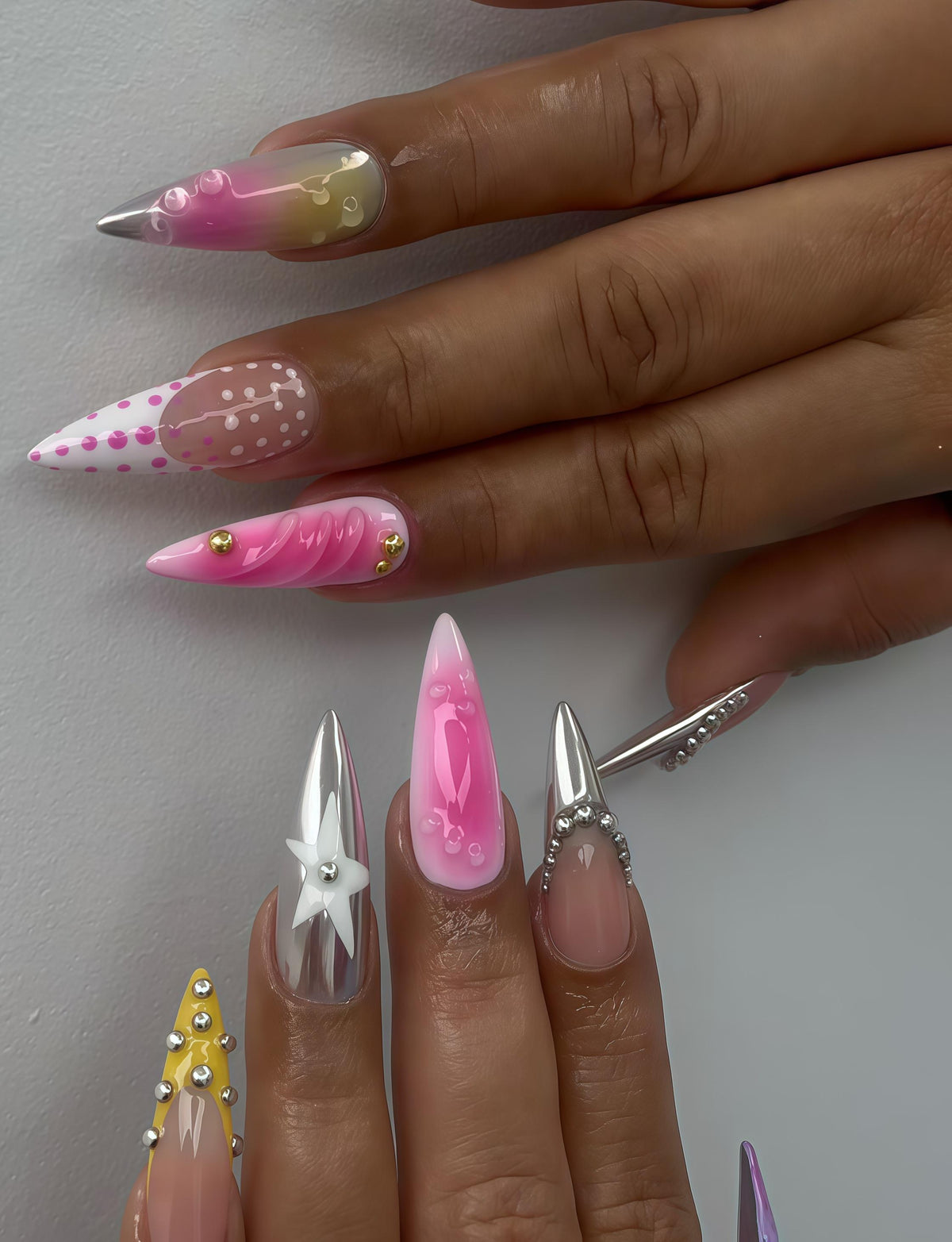 Y2K Party Multicolor Pink Gradient Press On Nails with Chrome, Polka Dots and 3D Details