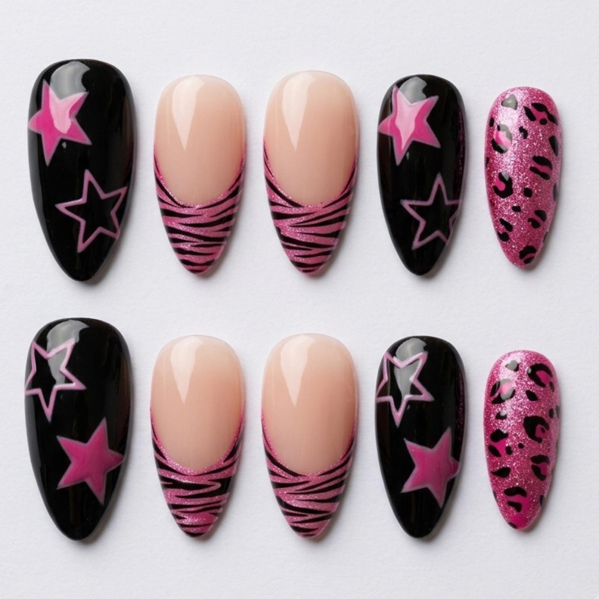 Y2K Pink and Black Star Nails With Zebra French Tips and Glitter Leopard Print