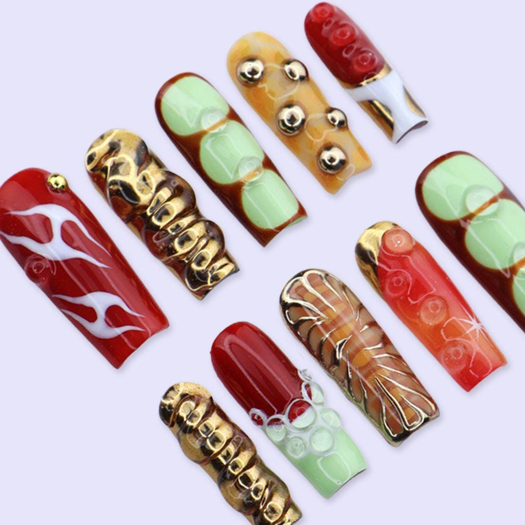 Y2K Red, Mint, Amber & Gold Chrome 3D Retro Colorblock Nail Set