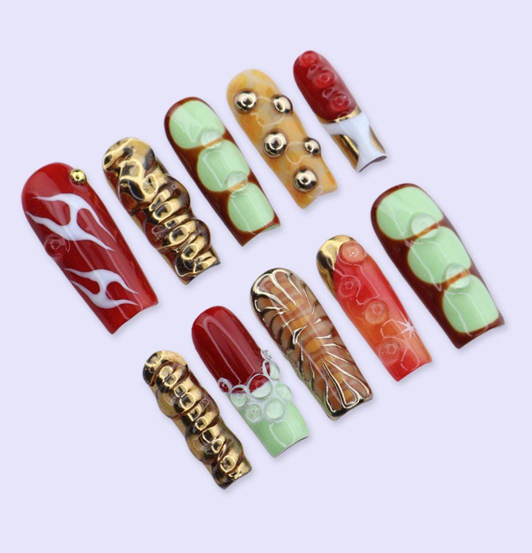 Y2K Red, Mint, Amber & Gold Chrome 3D Retro Colorblock Nail Set