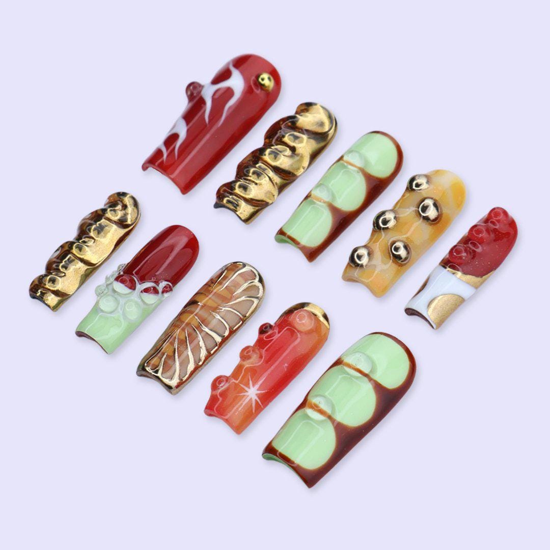 Y2K Red, Mint, Amber & Gold Chrome 3D Retro Colorblock Nail Set