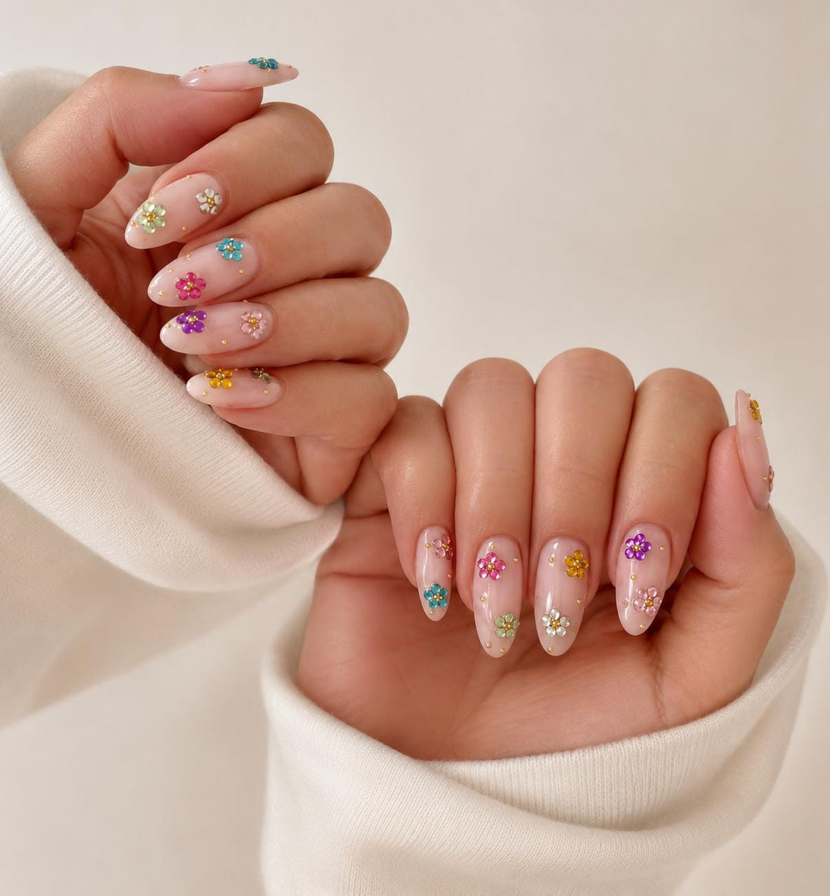 Y2K Sheer Blush Pink Floral Press On Nails With Colorful Gems