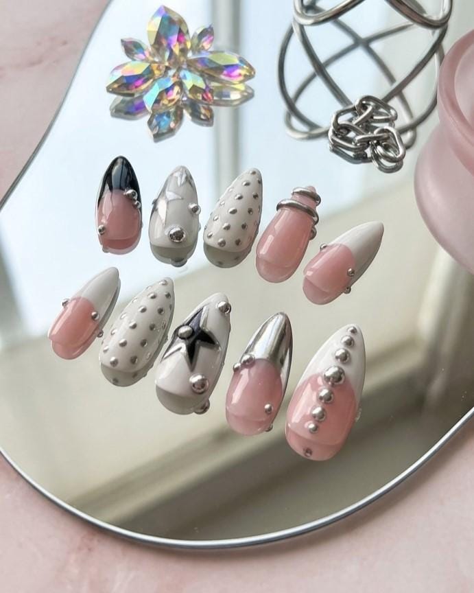 Y2K Silver Chrome Black Star Nails with Studs, Bands and French Tips