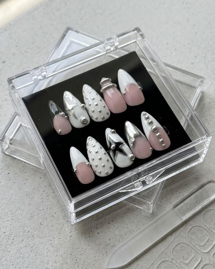 Y2K Silver Chrome Black Star Nails with Studs, Bands and French Tips