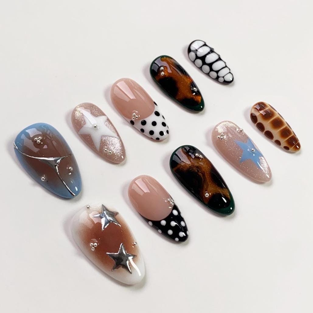 Y2K Star, Polka Dot and Tortoiseshell Press-On Nail Set
