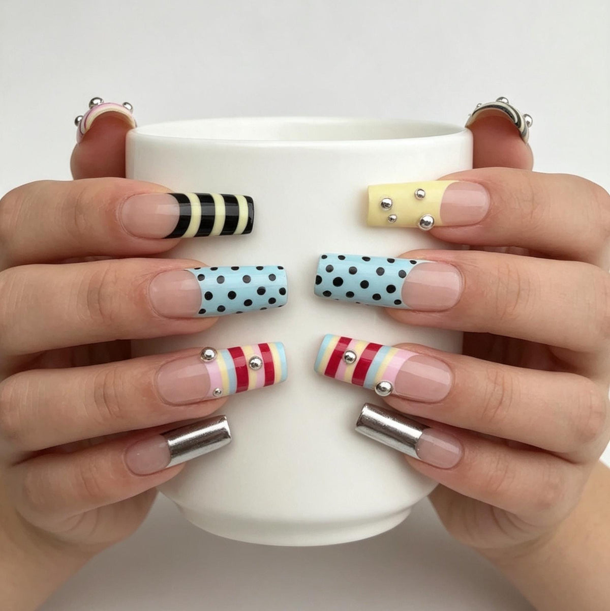 Y2K Striped, Polka Dot, and Silver Chrome Graphic Press On Nails