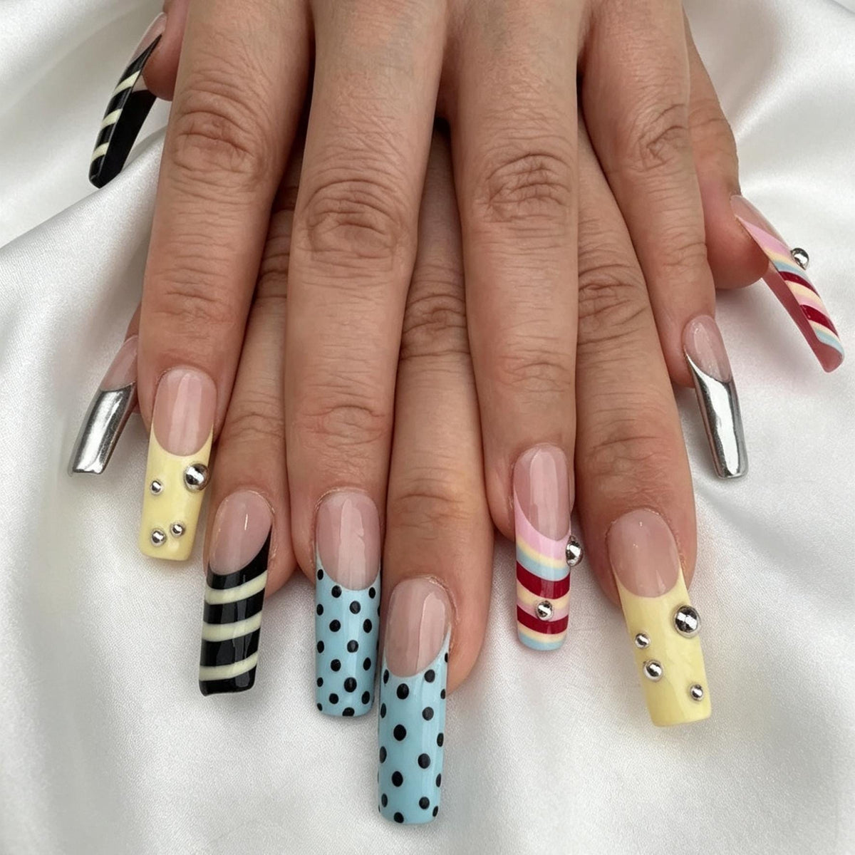 Y2K Striped, Polka Dot, and Silver Chrome Graphic Press On Nails