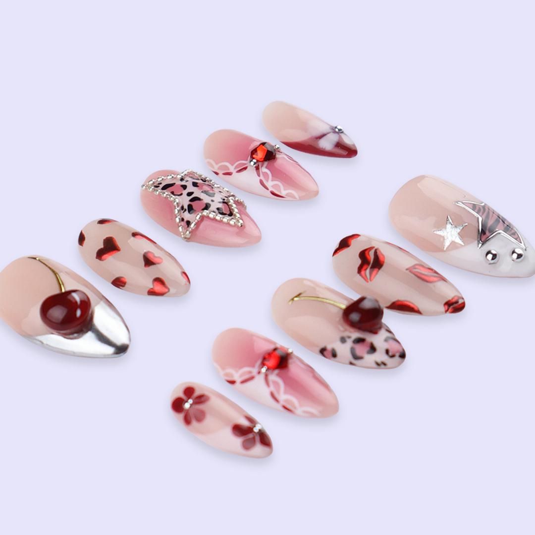 Y2K Valentine Nails With Leopard Spots, Rhinestone Star, Cherries and Chrome