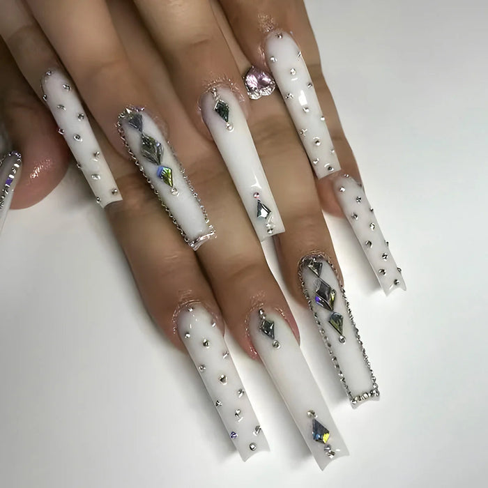 Y2K White Geometric Gem and Rhinestone Press On Nail Set