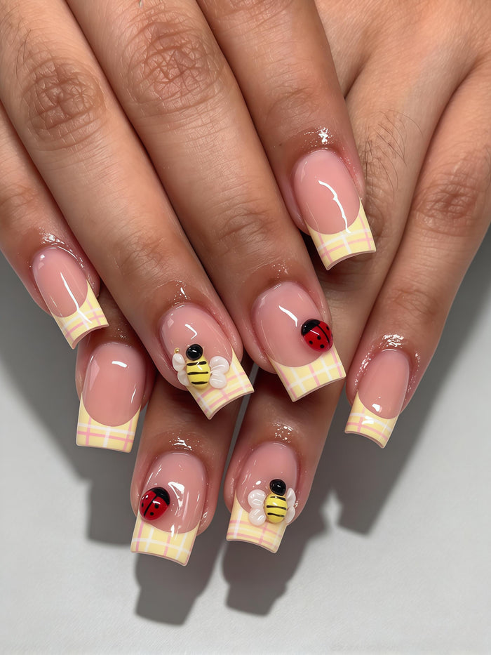 Yellow and Pink Plaid French Tip Press On Nails with 3D Bees and Ladybugs