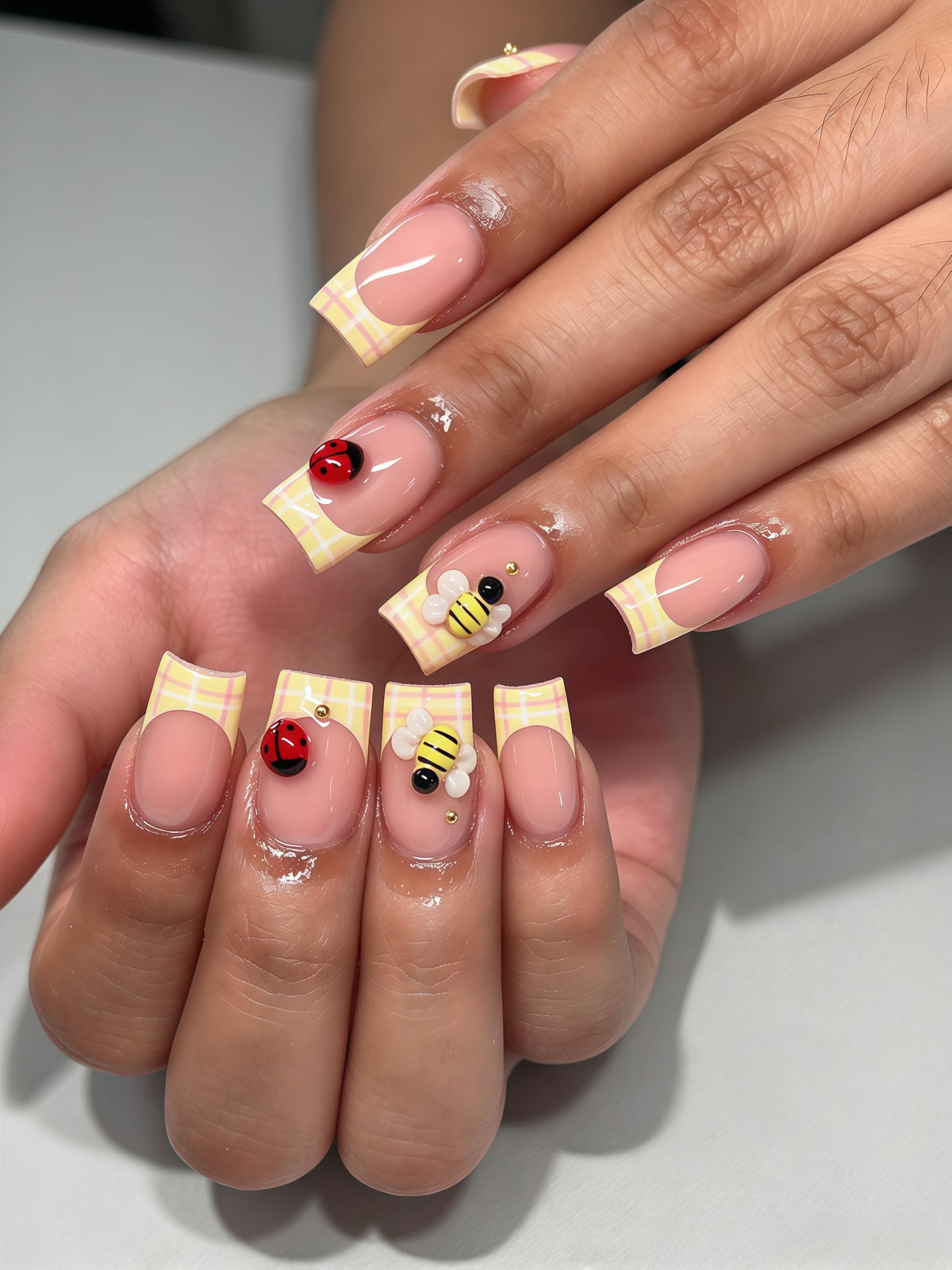 Yellow and Pink Plaid French Tip Nails with 3D Bees and Ladybugs