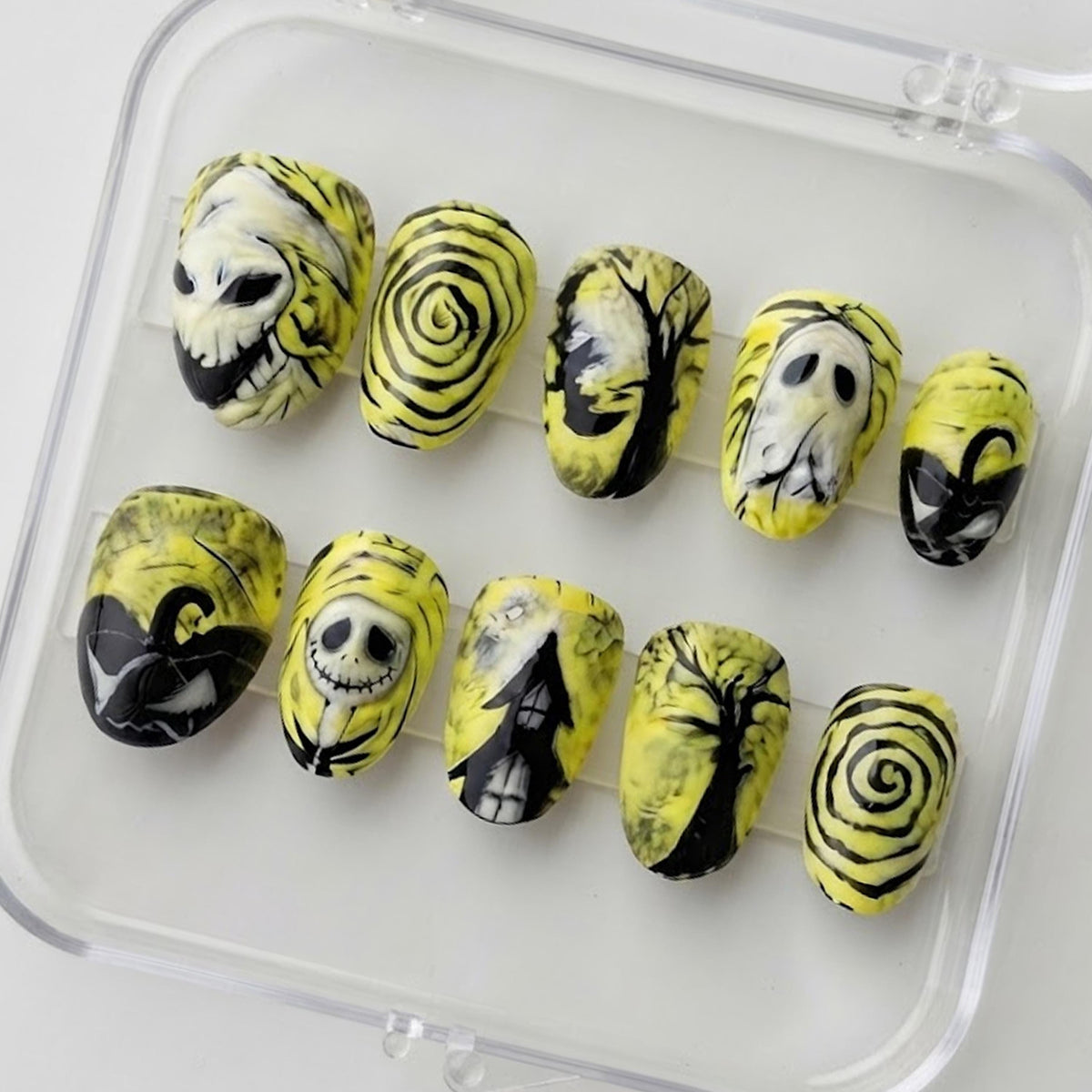 Yellow-Green Halloween Press On Nails with Ghosts, Skulls, and Haunted Trees