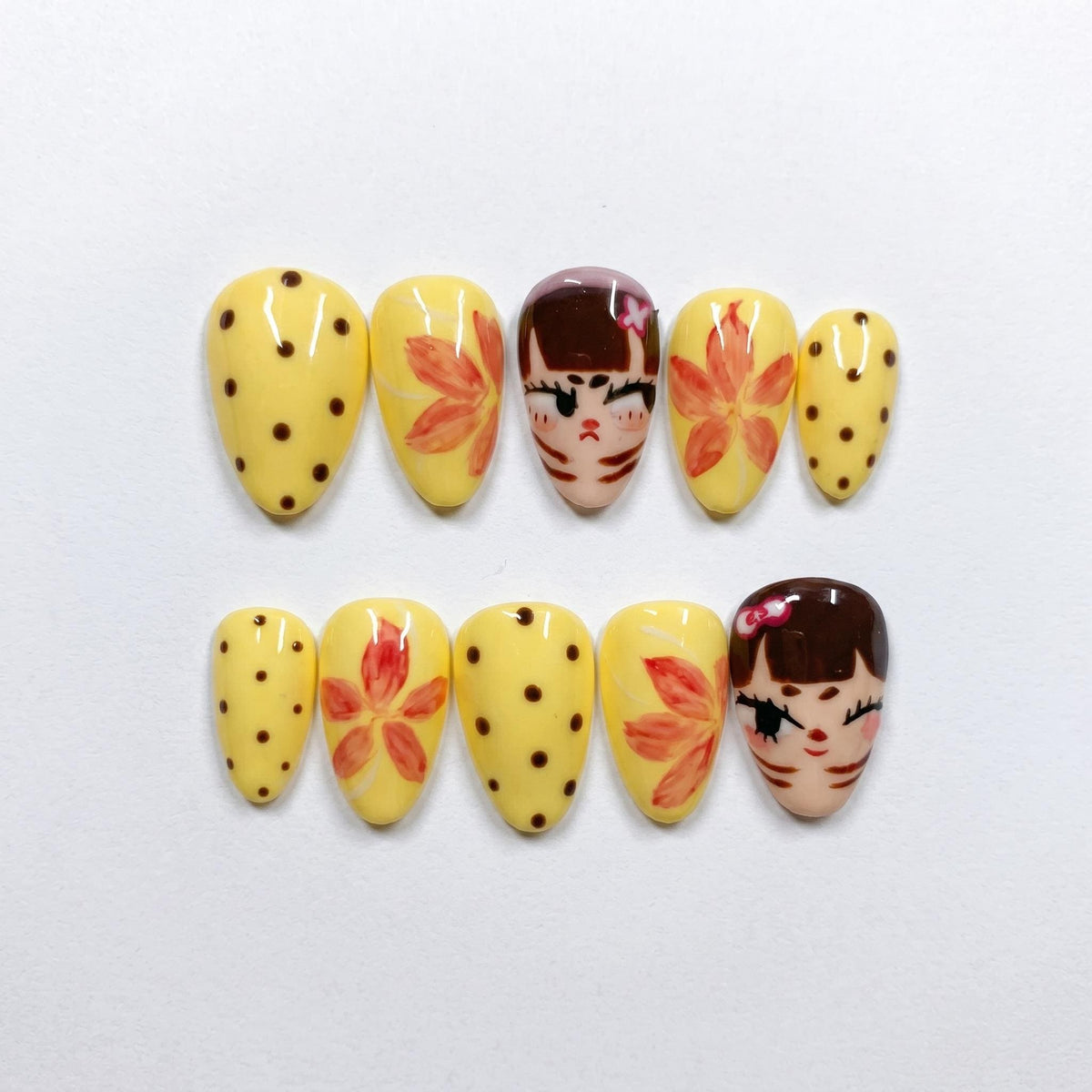 Yellow Polka Dot and Floral Anime-Inspired Nail Set