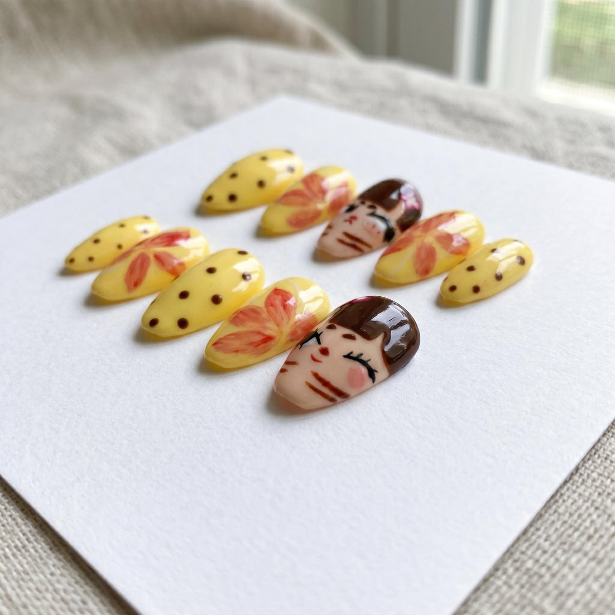 Yellow Polka Dot and Floral Anime-Inspired Nail Set