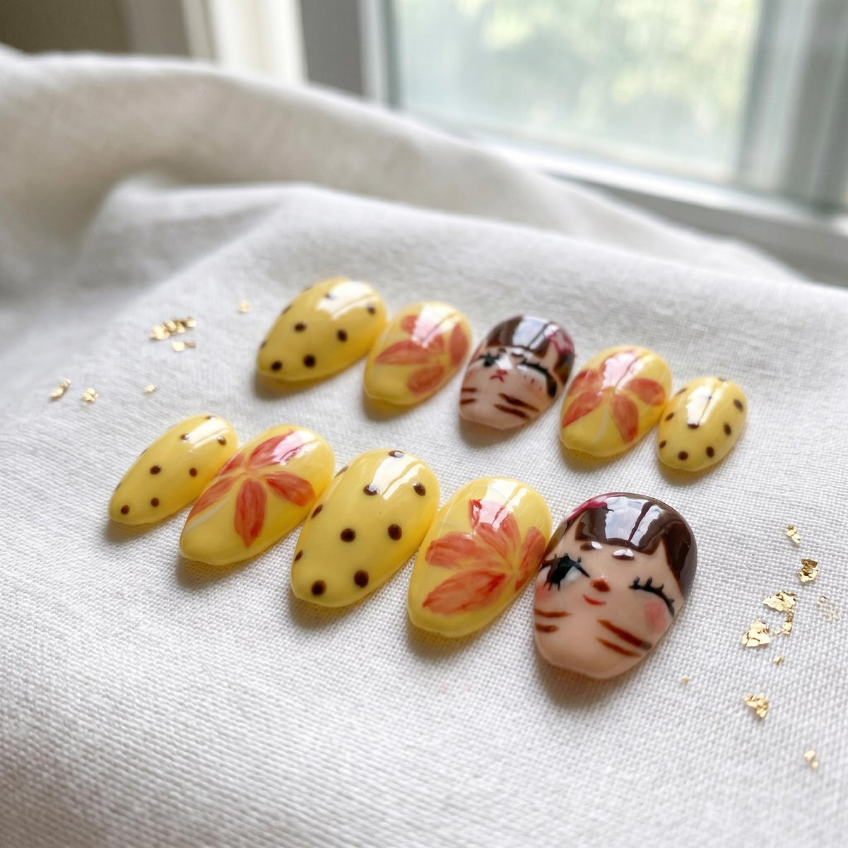 Yellow Polka Dot and Floral Anime-Inspired Nail Set