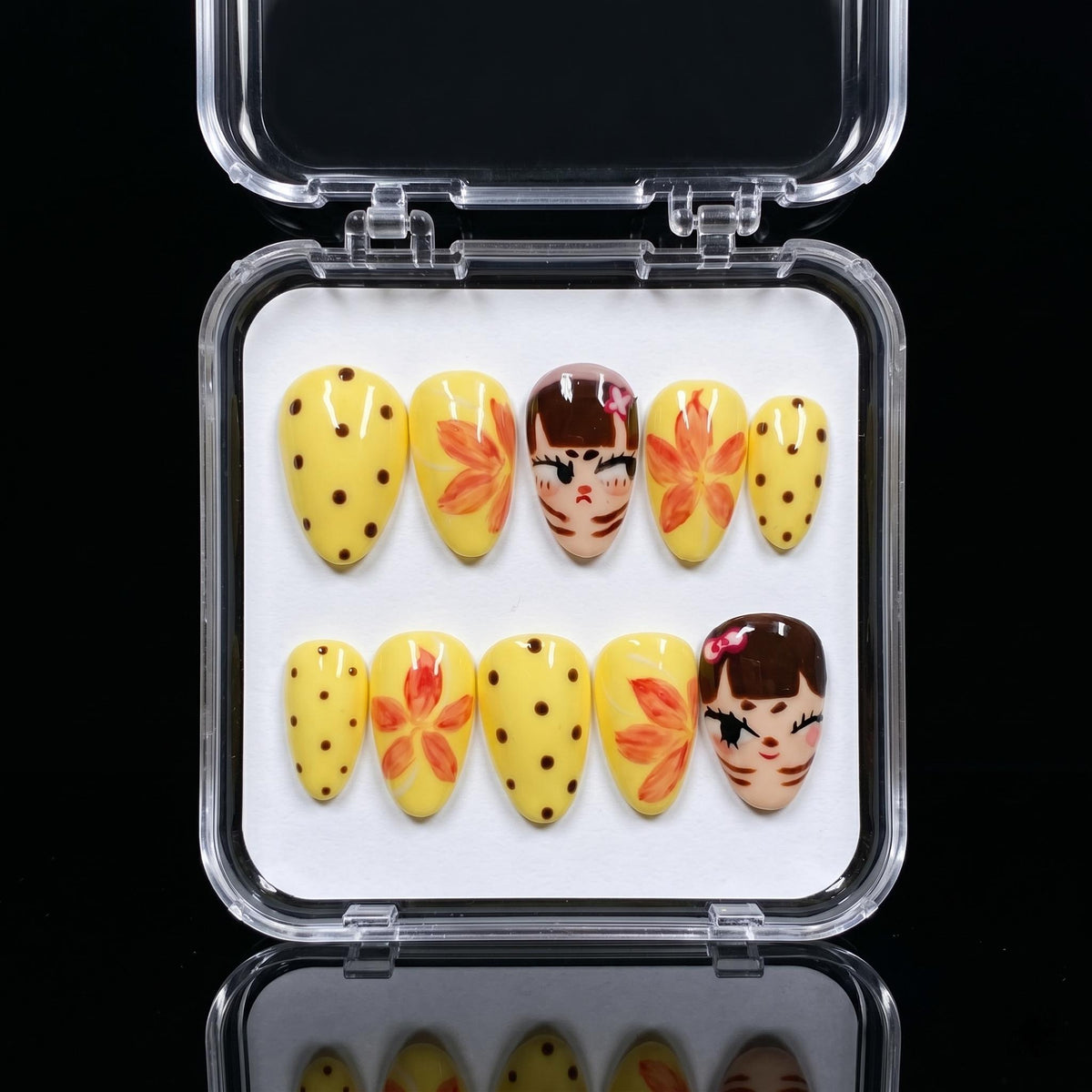 Yellow Polka Dot and Floral Anime-Inspired Nail Set