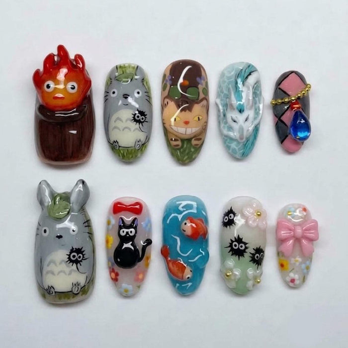 3D Anime Character Press On Nail Set With Totoro, Calcifer, Haku and Cute Charms
