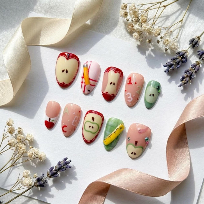3D Apple and School-Themed Press On Nails with Pencil, Ruler, and Plaid Details