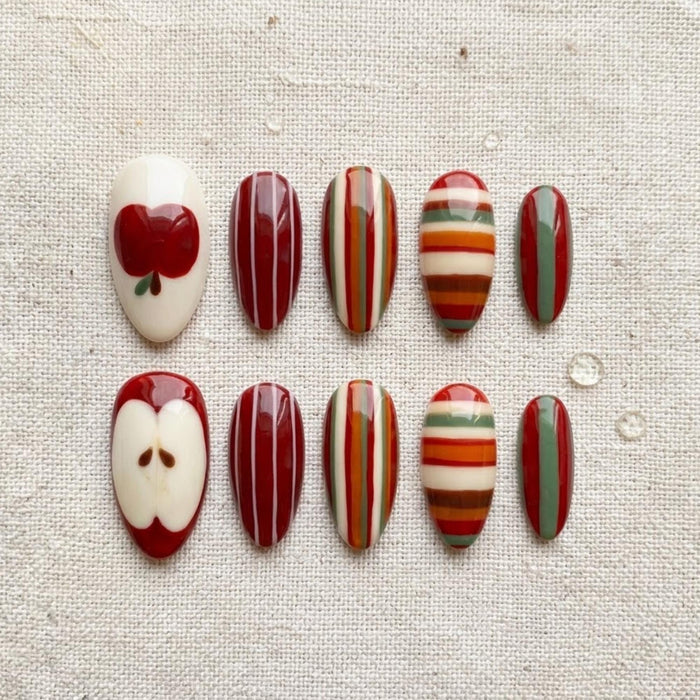 3D Apple Press On Nails With Retro Autumn Stripes