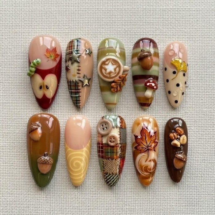 3D Autumn Apple, Coffee, Acorn and Mushroom Patchwork Press On Nails