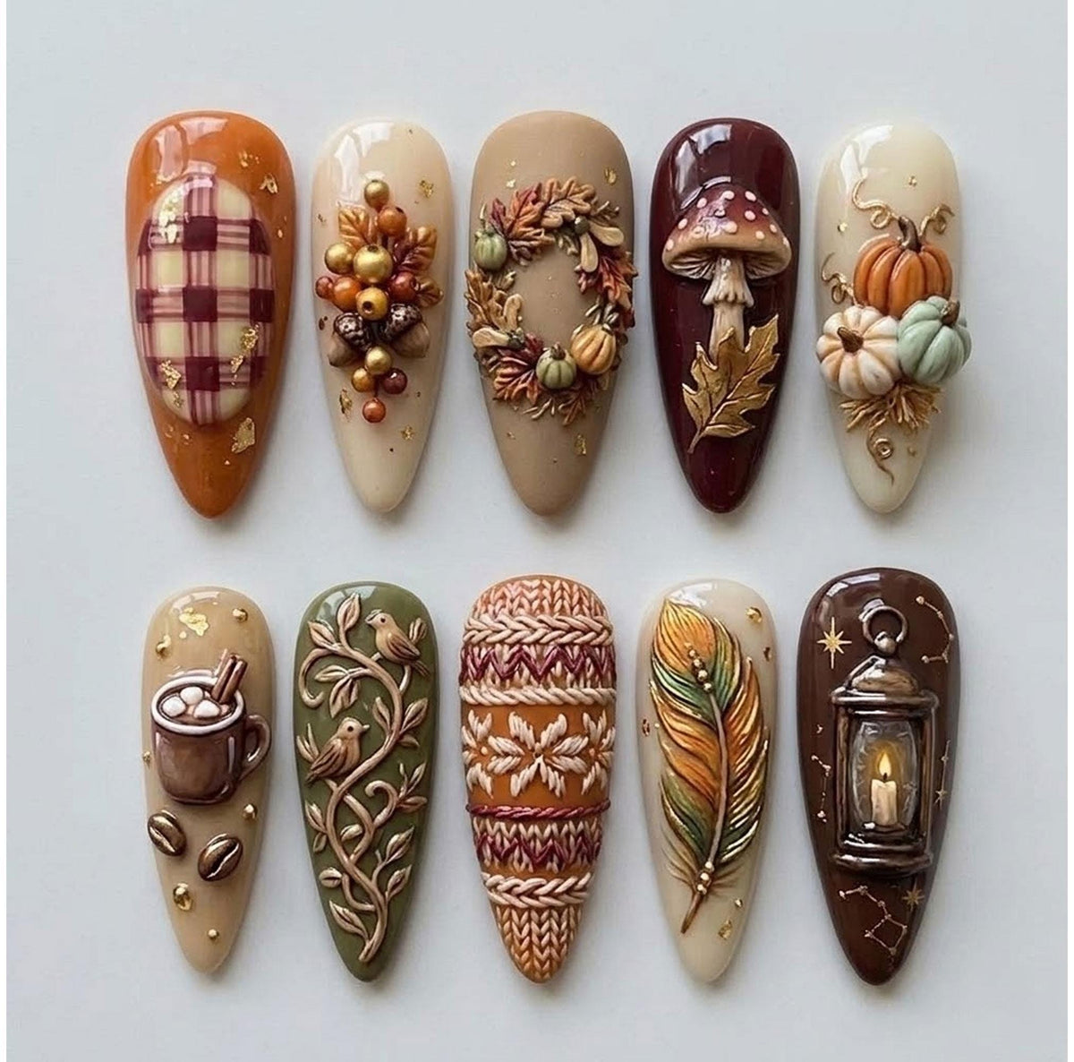 3D Autumn Harvest Press-On Nails With Pumpkins, Mushrooms, Plaid, and Woodland Details