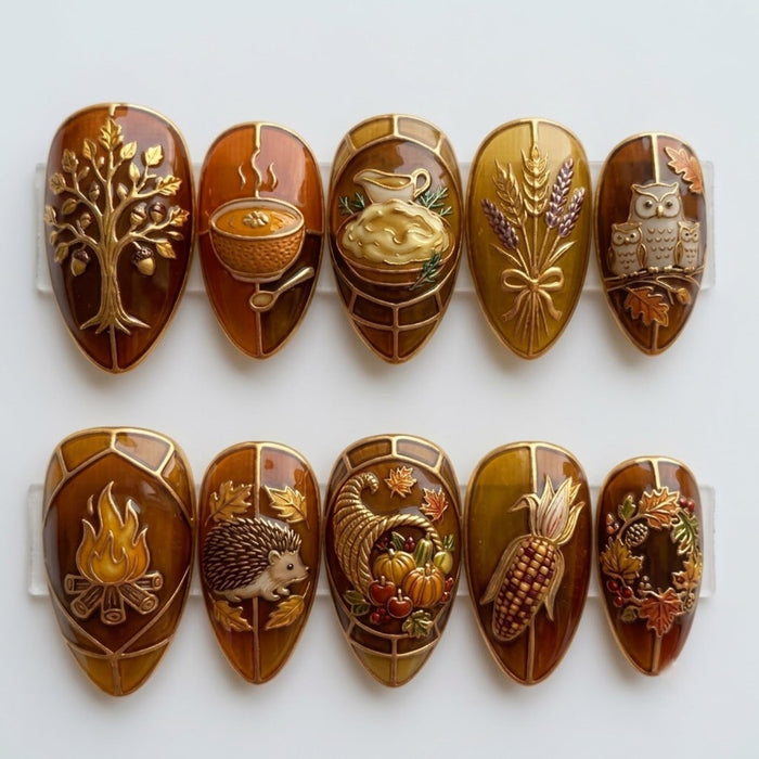 3D Autumn Harvest Press On Nails With Woodland and Thanksgiving Art
