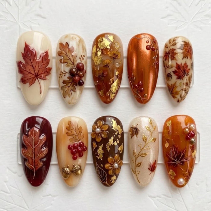 3D Autumn Leaf Press On Nails With Gold Foil, Berries, and Floral Details