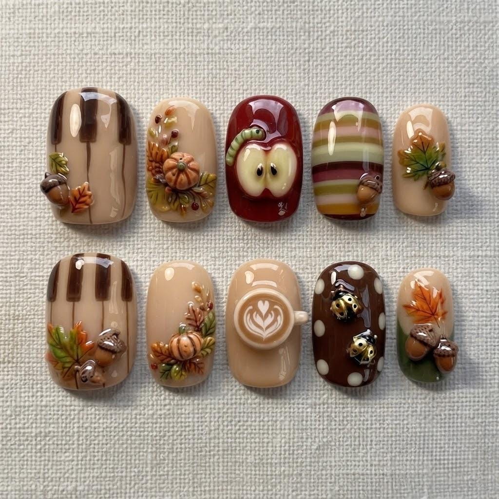 3D Autumn Pumpkin, Acorn, Apple and Coffee Press On Nails