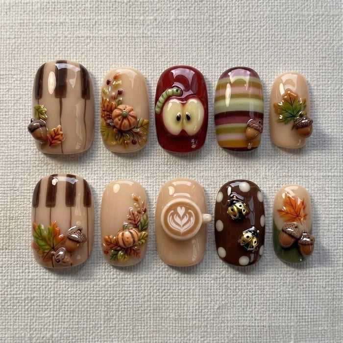 3D Autumn Pumpkin, Acorn, Apple and Coffee Press On Nails
