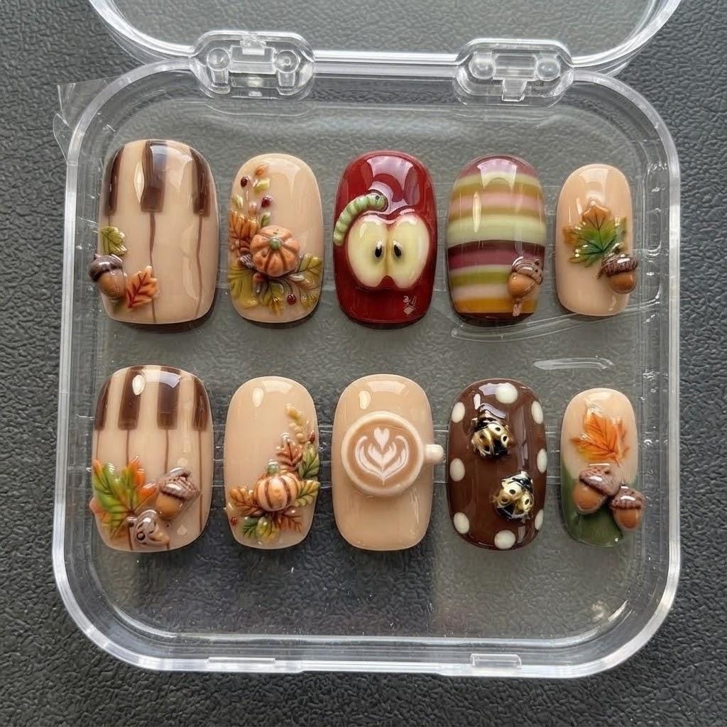 3D Autumn Pumpkin, Acorn, Apple and Coffee Press On Nails