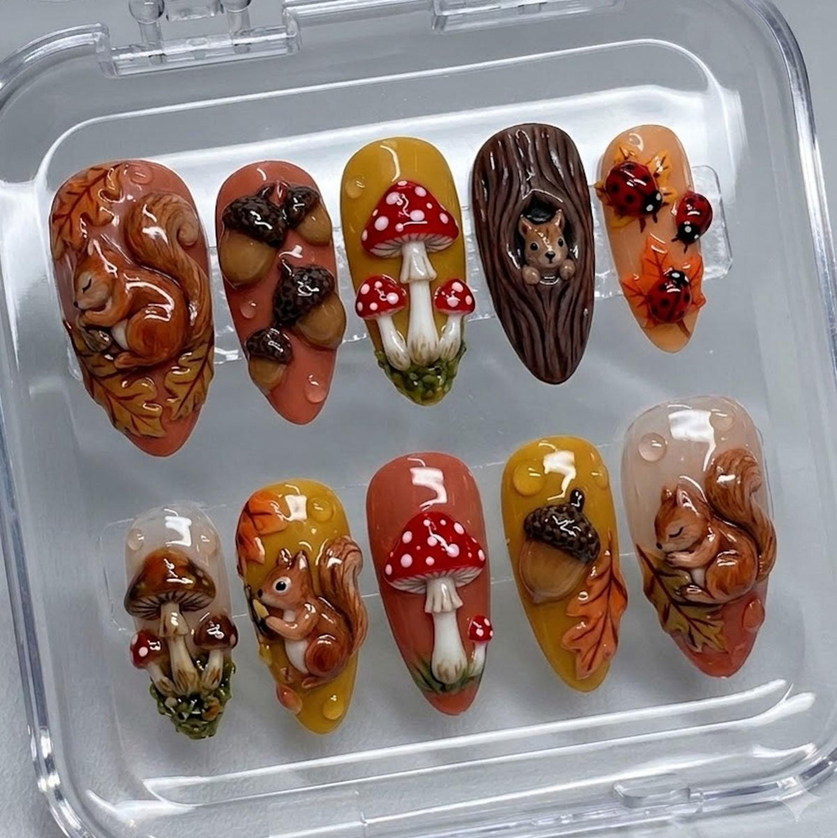 3D Autumn Woodland Press-On Nails with Squirrels, Mushrooms, Acorns & Ladybugs