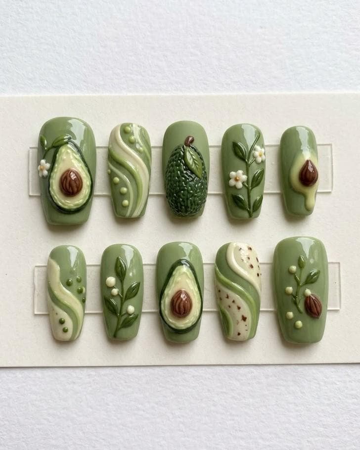 3D Avocado Press-On Nails with Green Swirls, Brown Pits, and Floral Sprigs