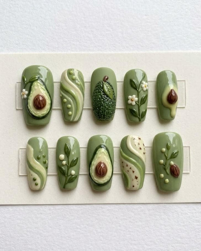 3D Avocado Press-On Nails with Green Swirls, Brown Pits, and Floral Sprigs
