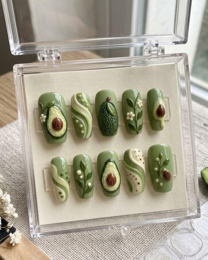 3D Avocado Press-On Nails with Green Swirls, Brown Pits, and Floral Sprigs