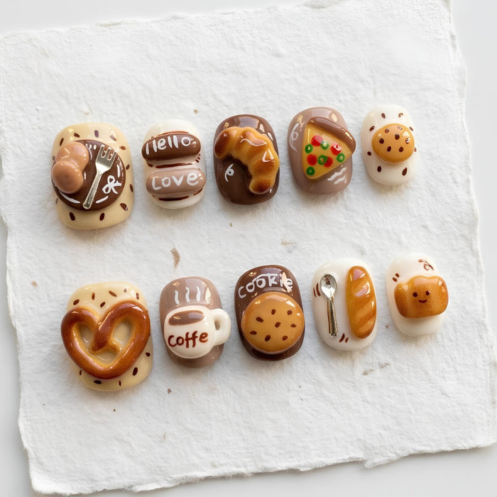 3D Bakery and Coffee Press-On Nail Set With Croissant, Pizza, Cookies, and Pretzel