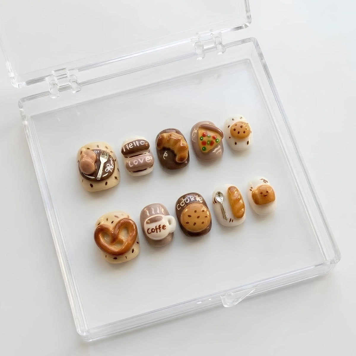 3D Bakery and Coffee Press-On Nail Set With Croissant, Pizza, Cookies, and Pretzel