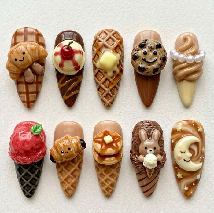 3D Bakery Dessert Press On Nails With Waffles, Croissants, Cookies, and Ice Cream