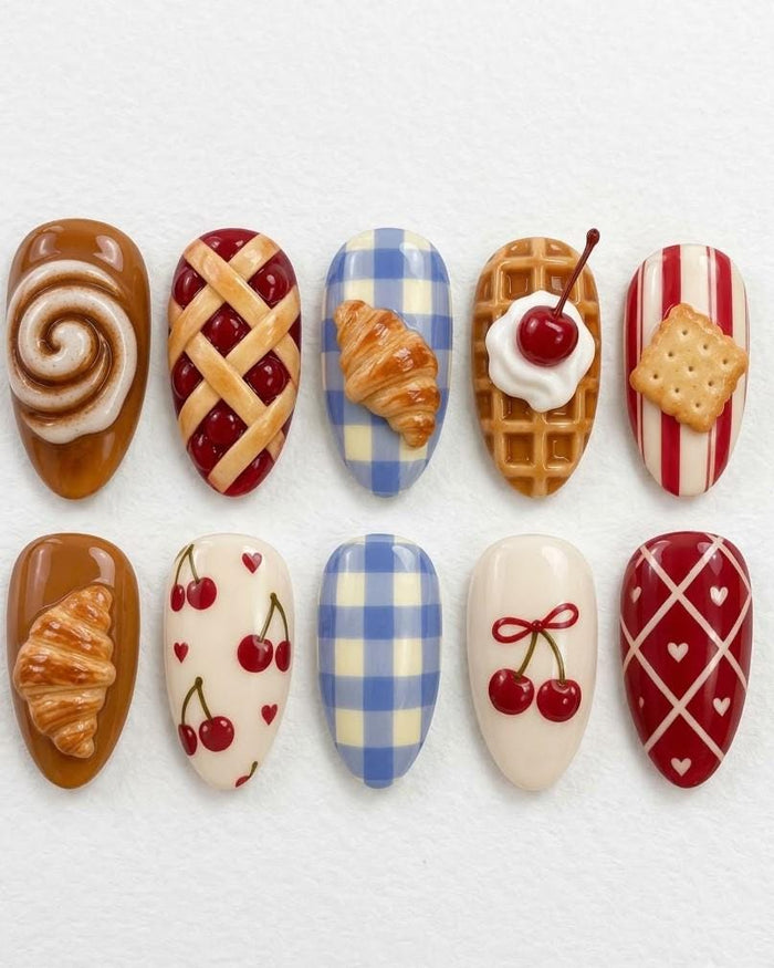 3D Bakery Press-On Nails with Croissants, Cherry Waffle, Pie, and Gingham