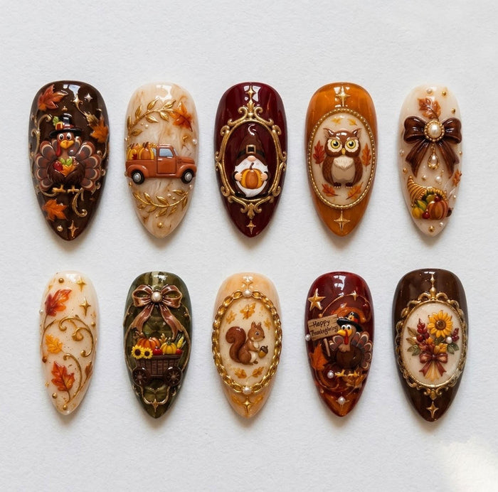 3D Baroque Thanksgiving Press On Nails With Gold Frames, Harvest Motifs and Pearl Details