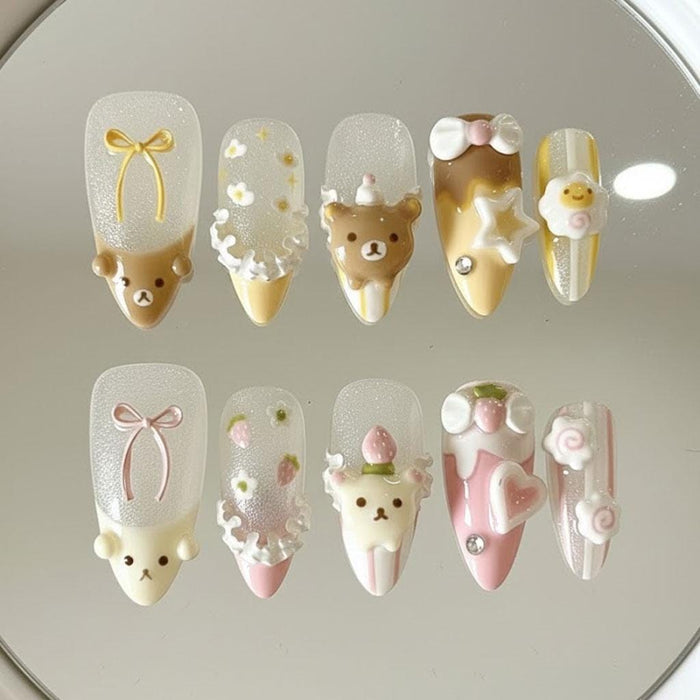 3D Bear and Strawberry Press On Nail Set with Bows, Florals, and Pink Details