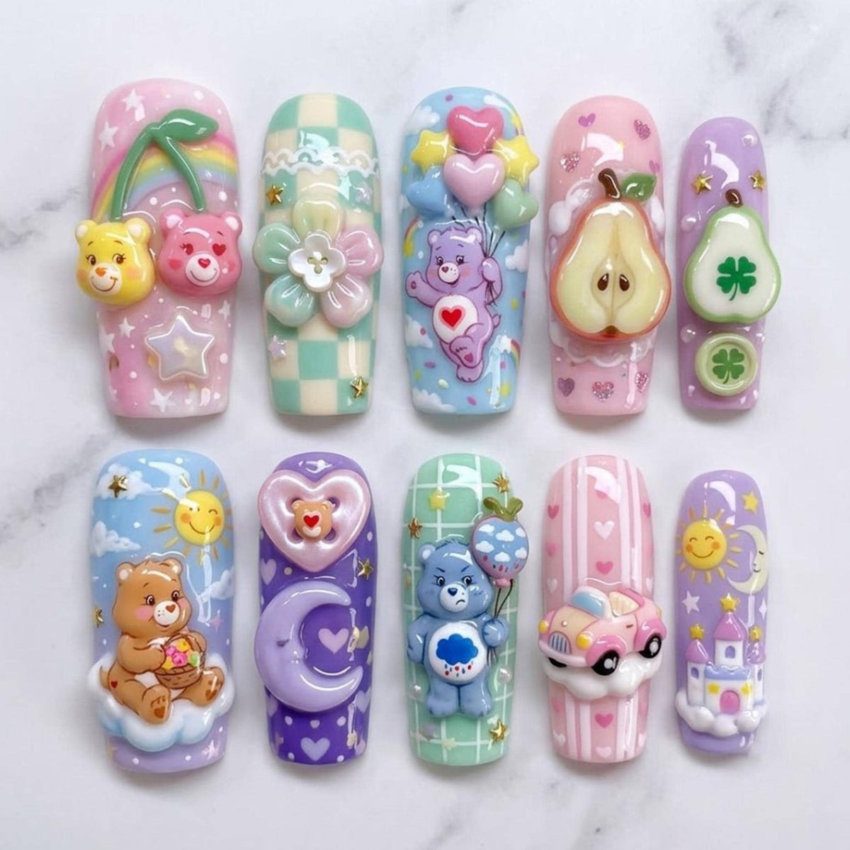 3D Bear Character Press On Nails With Pastel Rainbows, Clouds & Stars