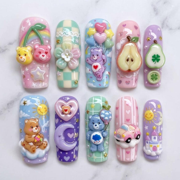 3D Bear Character Press On Nails With Pastel Rainbows, Clouds & Stars