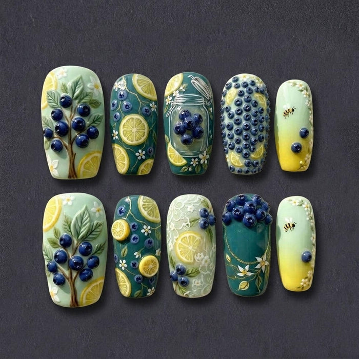 3D Blueberry and Lemon Garden Press On Nail Set