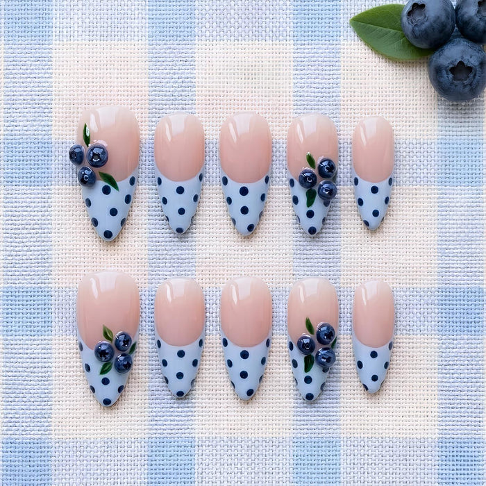 3D Blueberry Cluster Press On Nails With Navy Polka Dot French Tips