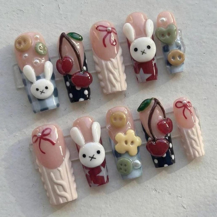 3D Bunny and Cherry Press On Nail Set With Bows, Checks, and Raised Flowers
