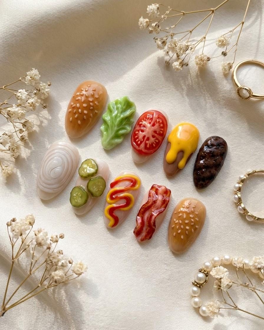 3D Burger Ingredient Press-On Nails with Glossy Sculpted Food Details