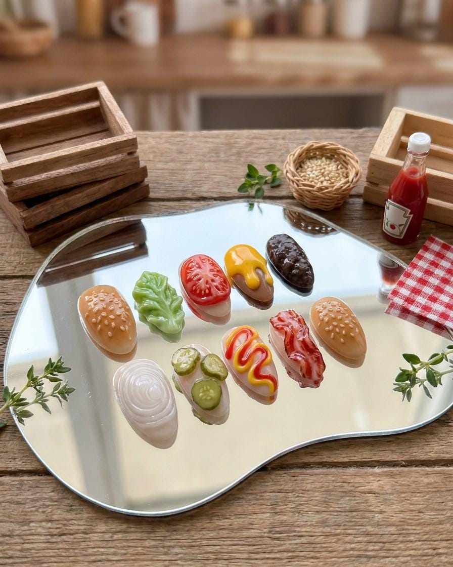 3D Burger Ingredient Press-On Nails with Glossy Sculpted Food Details