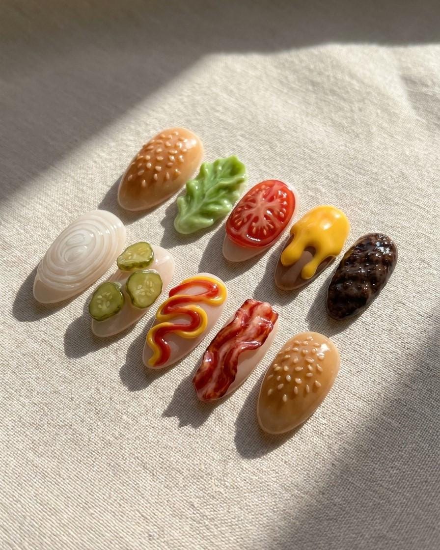 3D Burger Ingredient Press-On Nails with Glossy Sculpted Food Details