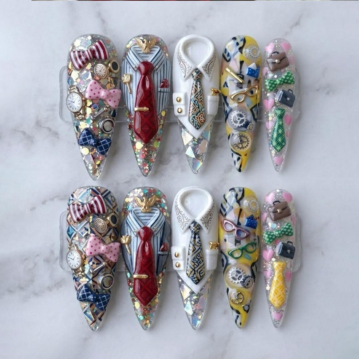 3D Business-Themed Nails With Suit Ties, Glasses, Clocks, and Glitter